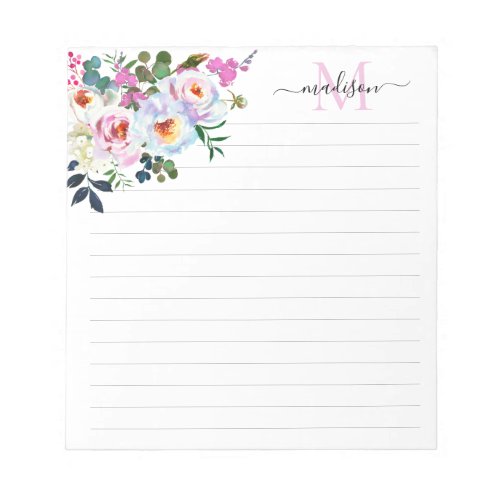 Girly Blush Pink Floral Watercolor Monogram Script Notepad