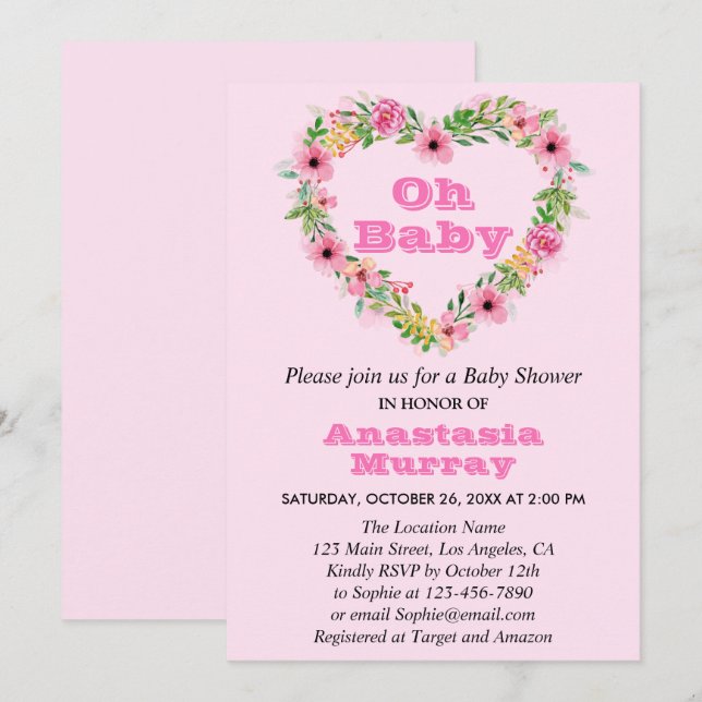 Girly Blush Pink Floral Wreath Spring Baby Shower Invitation (Front/Back)