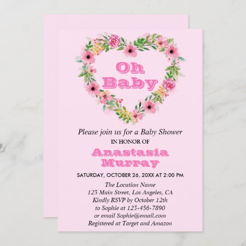 Girly Blush Pink Floral Wreath Spring Baby Shower Invitation