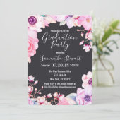 Girly Blush Pink Flowers Black Graduation Party Invitation (Standing Front)