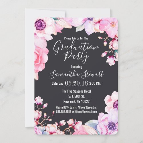 Girly Blush Pink Flowers Black Graduation Party Invitation