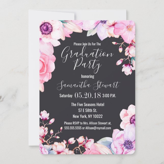 Girly Blush Pink Flowers Black Graduation Party Invitation (Front)