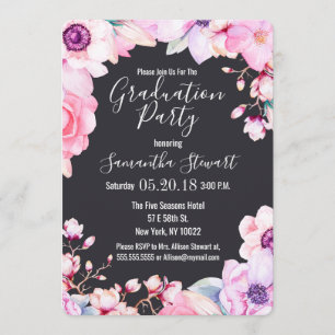 Girly Blush Pink Flowers Black Graduation Party Invitation
