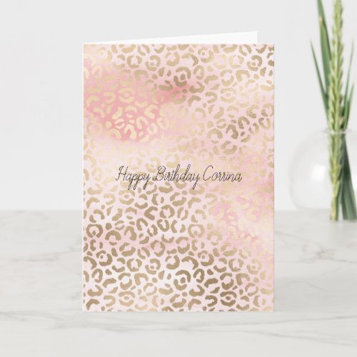 Girly Blush Pink Glam Gold Leopard Print           Card