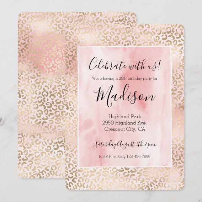 Girly Blush Pink Glam Gold Leopard Print Invitation (Front/Back)