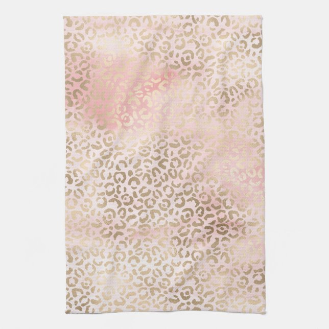 Girly Blush Pink Glam Gold Leopard Print Kitchen Towel (Vertical)