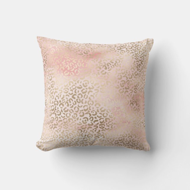 Girly Blush Pink Glam Gold Leopard Print Throw Pillow (Front)
