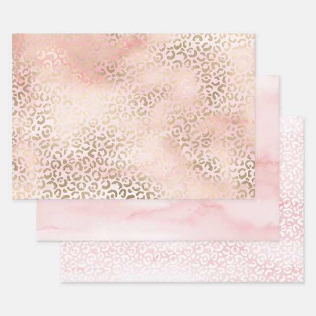 Girly Blush Pink Glam Gold Leopard Print Wrapping Paper Sheets (Set)
