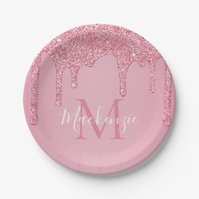 Girly Blush Pink Glitter Drips Monogram Birthday Paper Plates (Front)