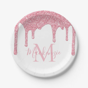 Girly Blush Pink Glitter Drips Monogram Birthday Paper Plates