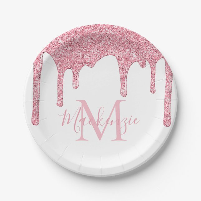Girly Blush Pink Glitter Drips Monogram Birthday Paper Plates (Front)