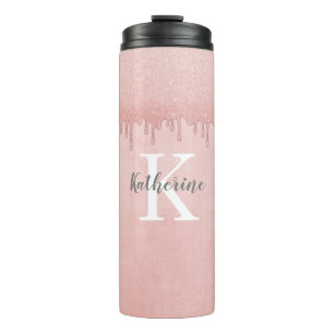 Girly Blush Pink glitter drips Monogram Thermal Tumbler
