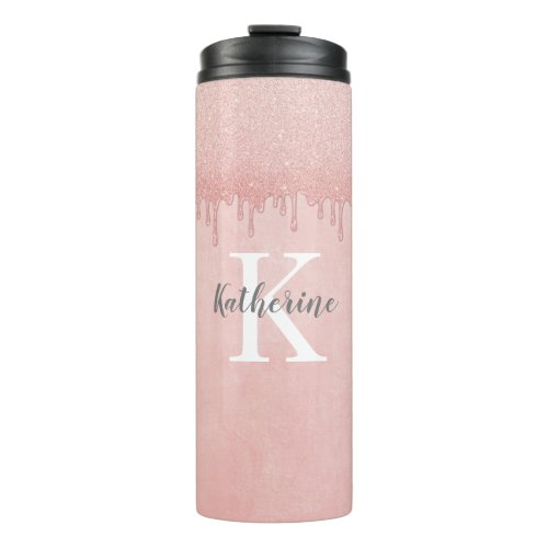 Girly Blush Pink glitter drips Monogram Thermal Tumbler