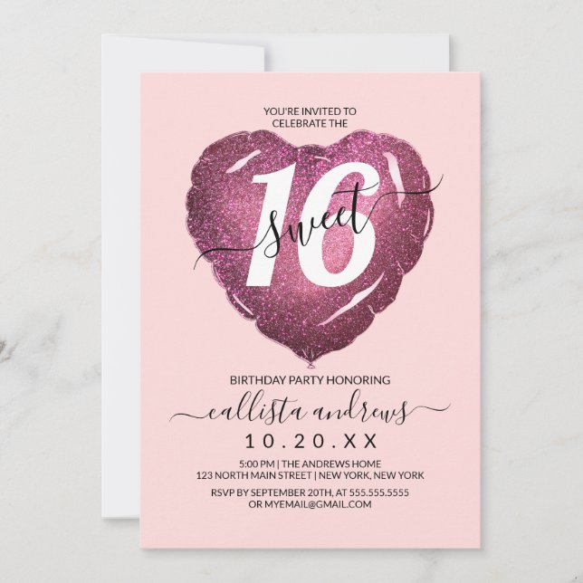 Girly Blush Pink Glitter Heart Balloon Sweet 16 Invitation (Front)