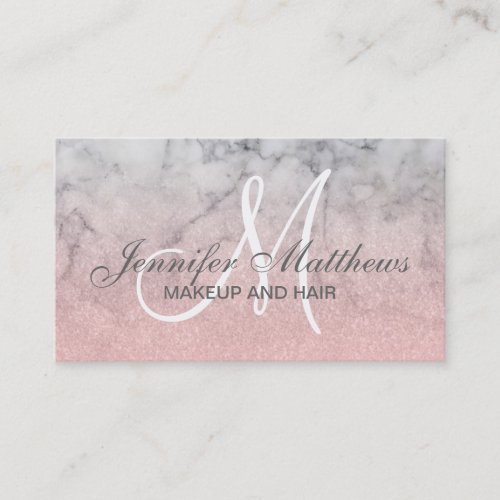 Girly Blush Pink Glitter Marble Monogram Makeup Business Card