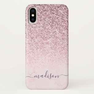 Girly Blush Pink Glitter Marble Script Name iPhone X Case