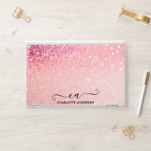 Girly Blush Pink Glitter Monogram Name  HP Laptop Skin