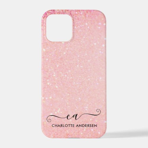 Girly Blush Pink Glitter Monogram Name  iPhone 12 Pro Case