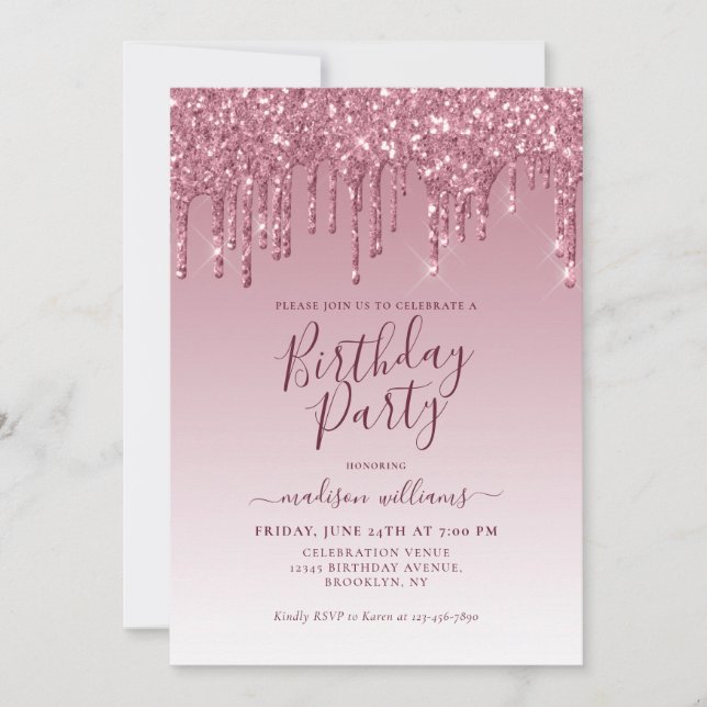 Girly Blush Pink Glitter Sparkle Dripping Birthday Invitation (Front)