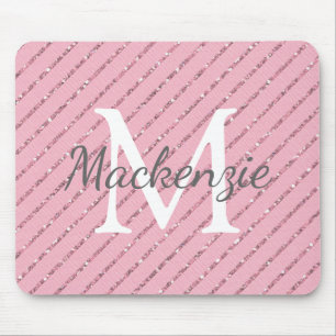 Girly Blush Pink Glitter Stripes Monogram Mouse Pad