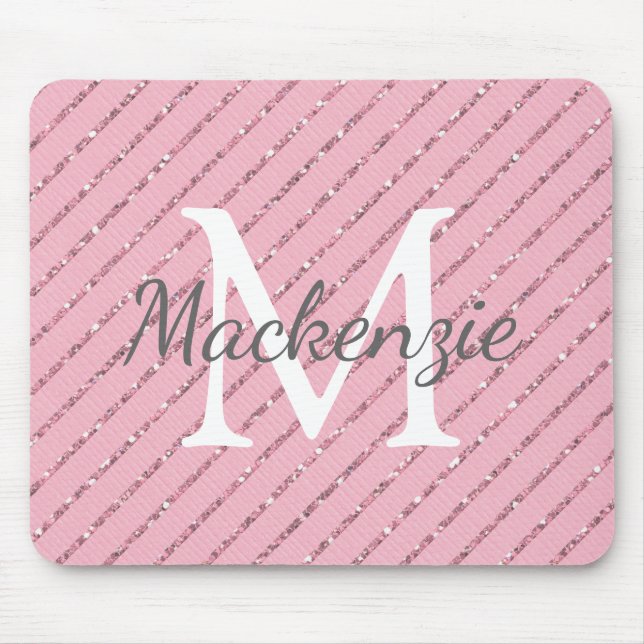 Girly Blush Pink Glitter Stripes Monogram Mouse Pad (Front)