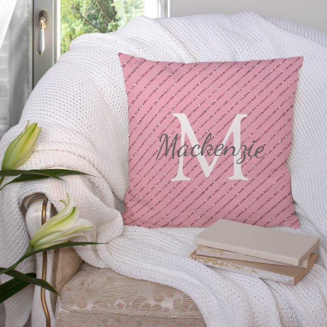 Girly Blush Pink Glitter Stripes Monogram Throw Pillow (Girly Blush Pink Glitter Stripes Monogram Throw Pillow)