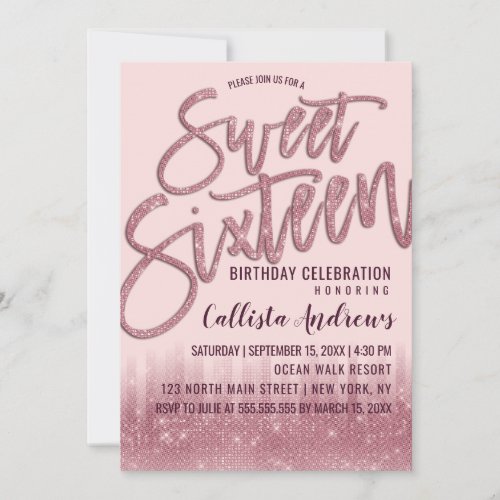 Girly Blush Pink Glitter Typography Sweet 16 Invitation