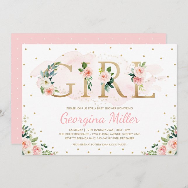 Girly Blush Pink Gold Floral Baby Girl Shower Invitation (Front/Back)