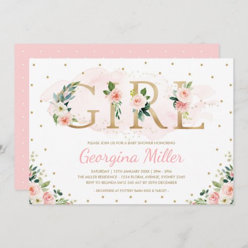 Girly Blush Pink Gold Floral Baby Girl Shower Invitation