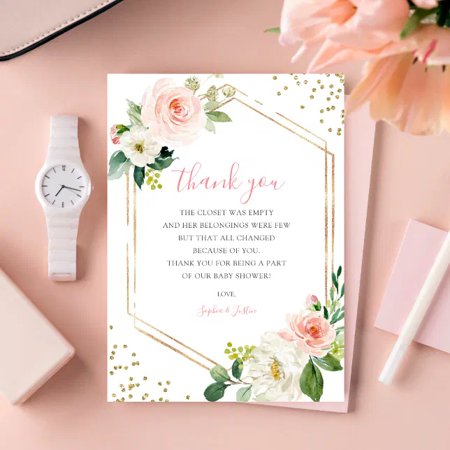 Girly Blush Pink Gold Floral Baby Shower Boho Rose Thank You Card | Zazzle