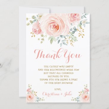 Girly Blush Pink Gold Floral Baby Shower Boho Rose Thank You Card