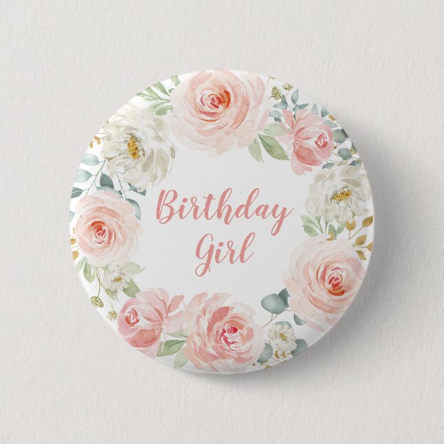 Girly Blush Pink Gold Floral First 1st Birthday Button (Front)