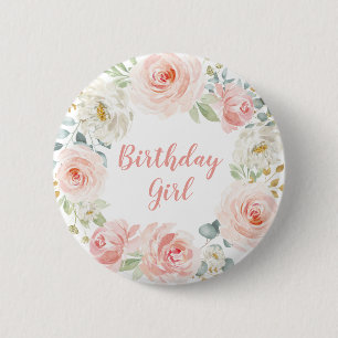 Girly Blush Pink Gold Floral First 1st Birthday Button