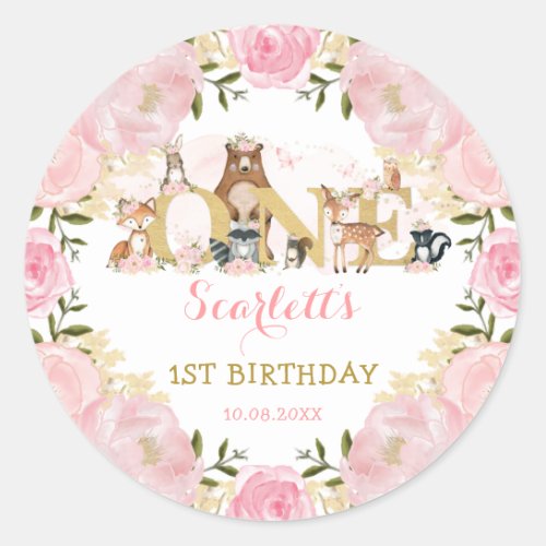 Girly Blush Pink Gold Floral Woodland 1st Birthday Classic Round Sticker