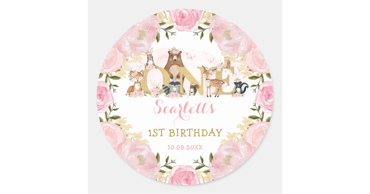 Girly Blush Pink Gold Floral Woodland 1st Birthday Classic Round ...