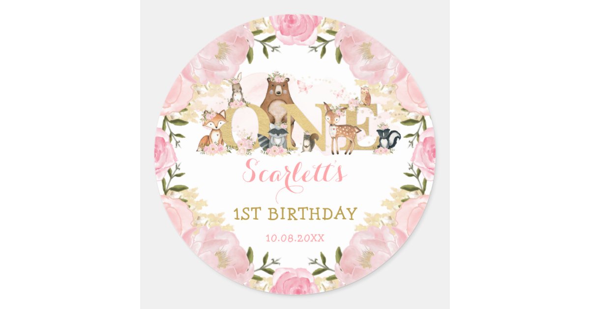 Girly Blush Pink Gold Floral Woodland 1st Birthday Classic Round ...