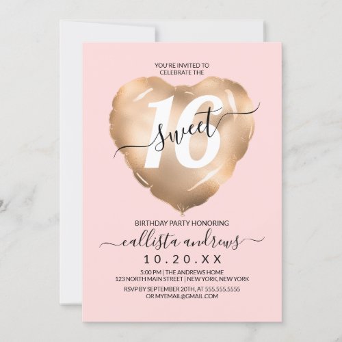 Girly Blush Pink Gold Foil Heart Balloon Sweet 16 Invitation