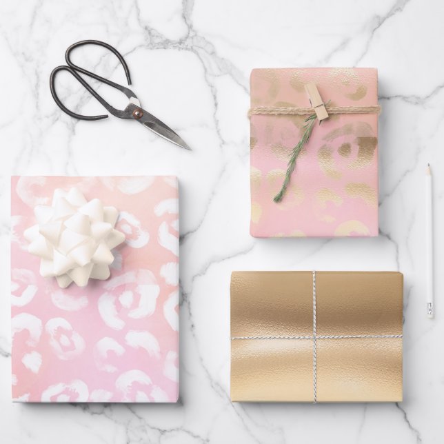 Girly Blush Pink Gold Glam Leopard Animal Birthday Wrapping Paper Sheets (Front)