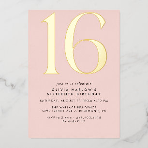 Girly Blush Pink & Gold   Glam Sweet 16th Birthday Foil Invitation