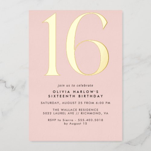 Girly Blush Pink  Gold  Glam Sweet 16th Birthday Foil Invitation