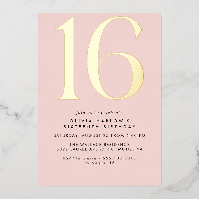 Girly Blush Pink & Gold | Glam Sweet 16th Birthday Foil Invitation (Front)