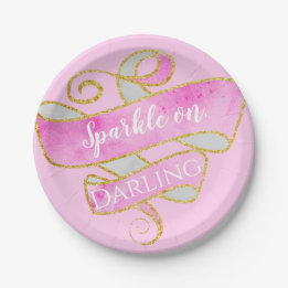 Girly Blush Pink Gold Glitter Sparkle On, Darling Paper Plates
