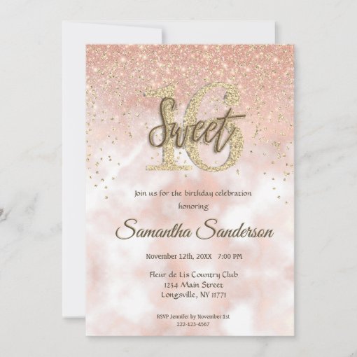 Girly Blush Pink Gold Glitter Sparkle Sweet 16 Invitation | Zazzle