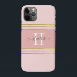 Girly Blush Pink Gold Monogram Stripe iPhone 11 Pro Case<br><div class="desc">Protect your phone wiht this personalized girly Iphone 11 case. It has grey text and a white monogram initial on a beautiful blush pink background. Customize the Iphone cover with the name and initial of your choice to make someone feel extra special. Makes a fun gift for birthdays or for...</div>