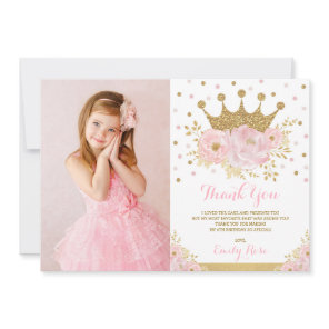 Girly Blush Pink Gold Princess Crown Birthday Thank You Card