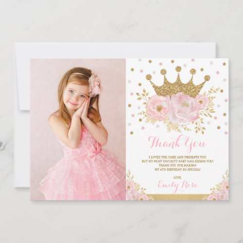 Girly Blush Pink Gold Princess Crown Birthday Thank You Card