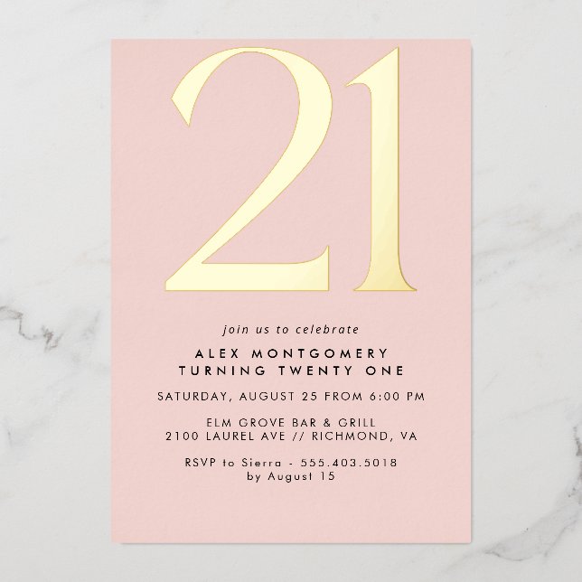 Girly Blush Pink & Gold | Women's 21st Birthday Foil Invitation (Front)