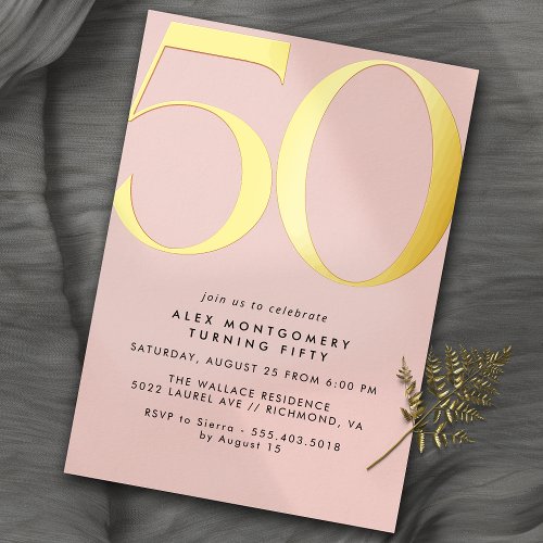 Girly Blush Pink  Gold  Womens 50th Birthday Foil Invitation