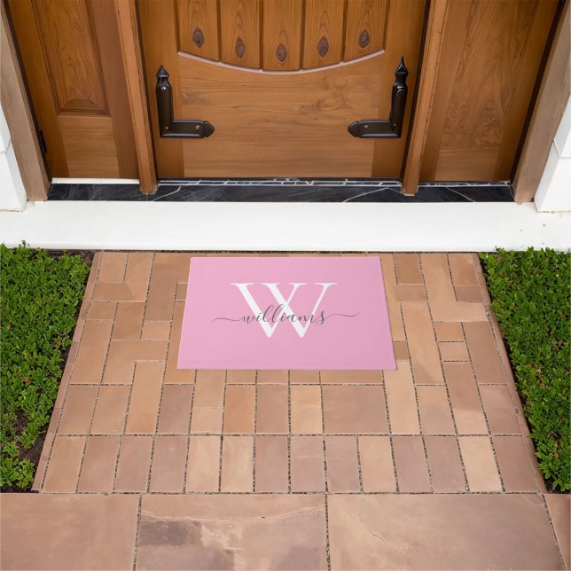 Girly Blush Pink Gray Custom Monogram Script Name Doormat (Outdoor)