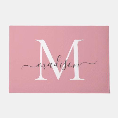 Girly Blush Pink Gray Custom Monogram Script Name Doormat
